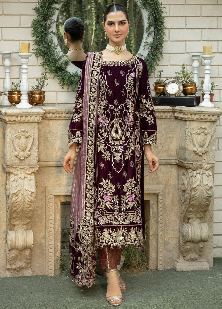 De Velour By Imrozia Premium Embroidered Velvet Suits Unstitched 3 Piece IMP22DV I.V-13 Charoite - Luxury Collection