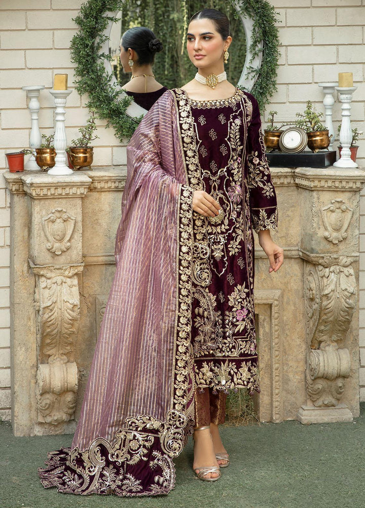 De Velour By Imrozia Premium Embroidered Velvet Suits Unstitched 3 Piece IMP22DV I.V-13 Charoite - Luxury Collection