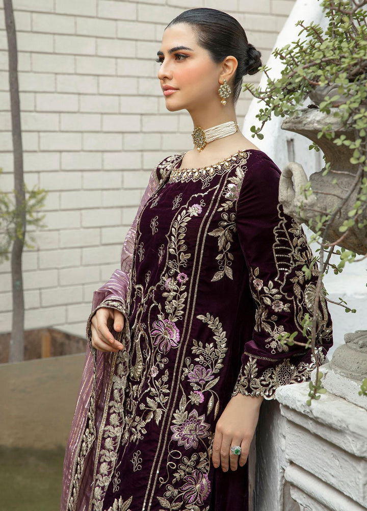 De Velour By Imrozia Premium Embroidered Velvet Suits Unstitched 3 Piece IMP22DV I.V-13 Charoite - Luxury Collection