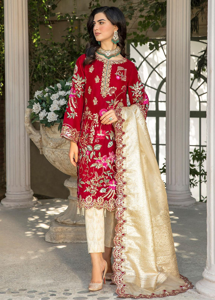 De Velour By Imrozia Premium Embroidered Velvet Suits Unstitched 3 Piece IMP22DV I.V-14 Blood Stone - Luxury Collection