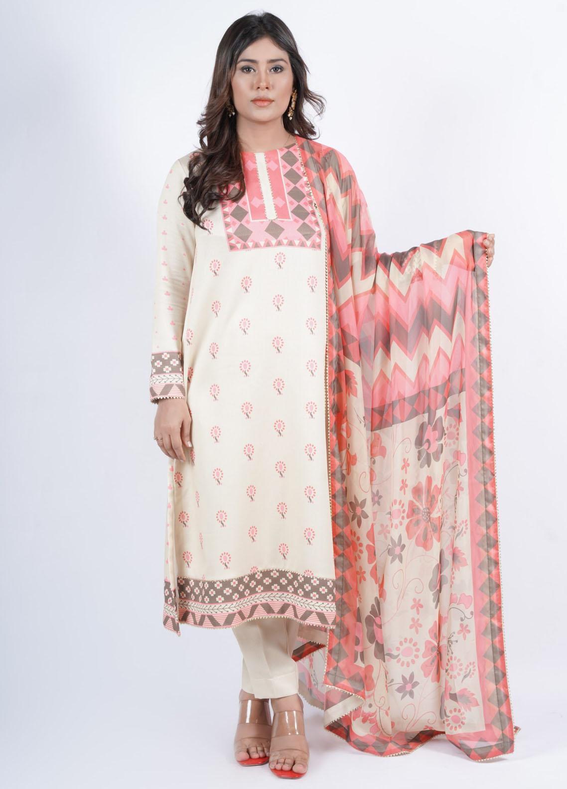 Vibgyor Fashion Printed Corduroy Suits Unstitched 3 Piece EleS Trompe Coffee Brown D12-C1-23U - Formal Collection