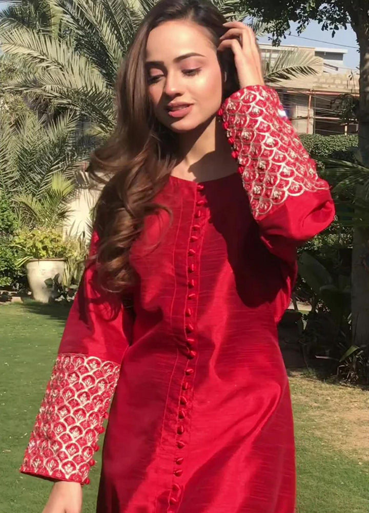 Insiya Clothing Pret  Raw Silk 2 Piece Dress INS23SP CHERRY RED