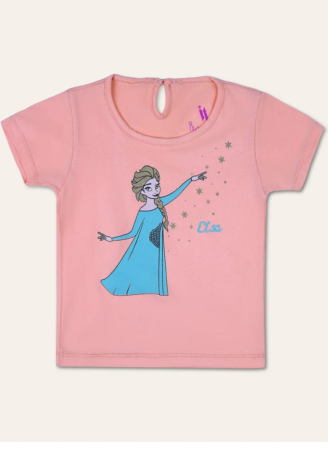Ixample Pret Printed Cotton Jersey Girls Elsa Character T-Shirt-Peach