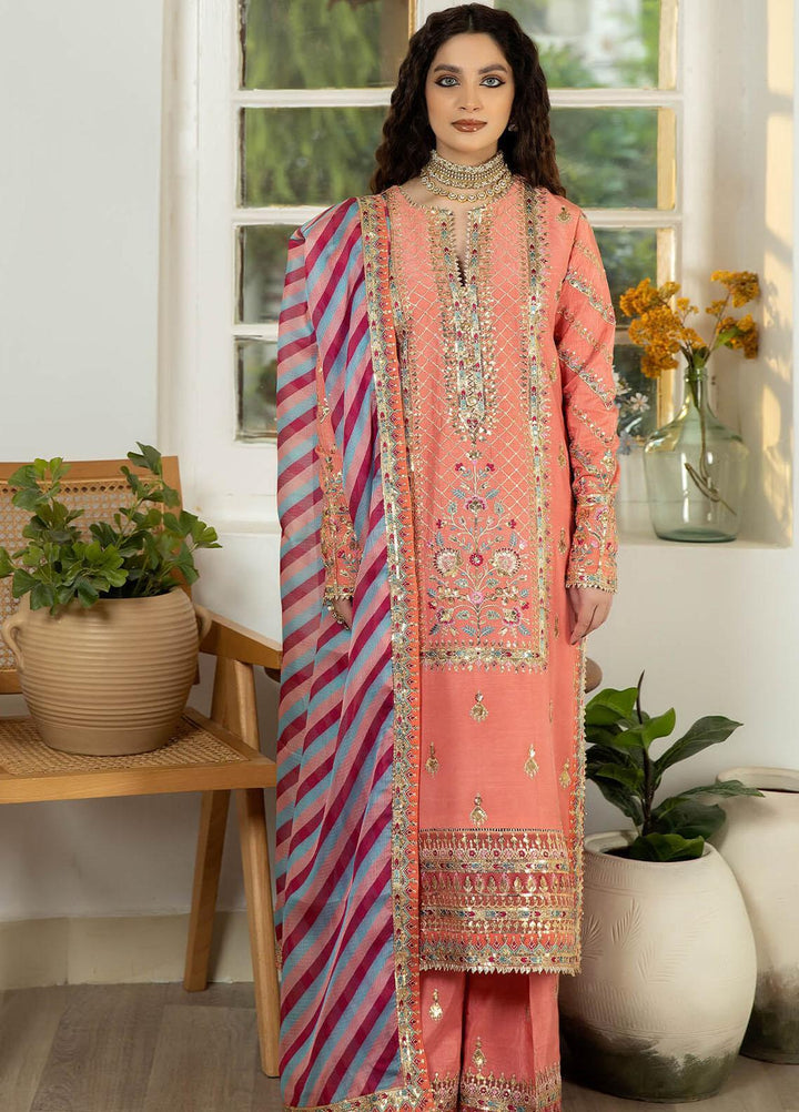Jahaan Ara By Serene Premium Embroidered Raw Silk Suits Unstitched 3 Piece SP23JA SRS-01 Mahjabeen - Luxury Collection