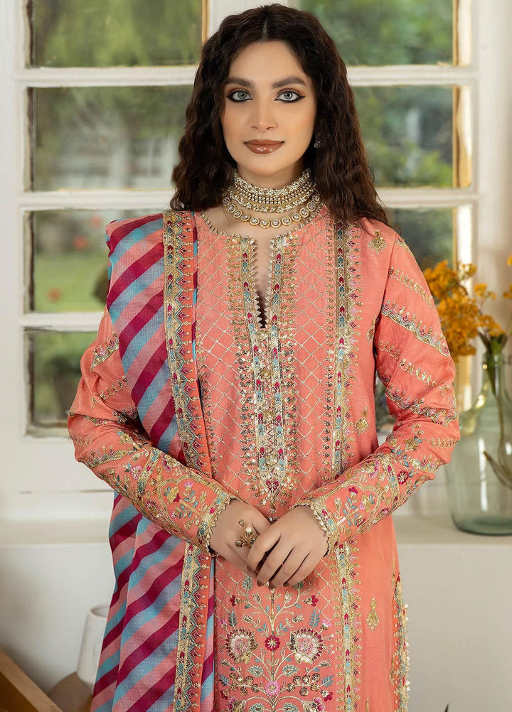 Jahaan Ara By Serene Premium Embroidered Raw Silk Suits Unstitched 3 Piece SP23JA SRS-01 Mahjabeen - Luxury Collection