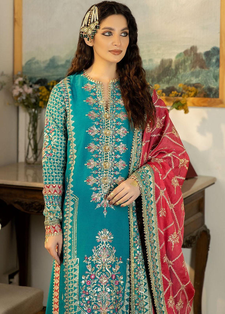 Jahaan Ara By Serene Premium Embroidered Raw Silk Suits Unstitched 3 Piece SP23JA SRS-03 Raqs - Luxury Collection