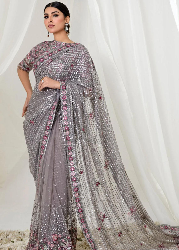 Jazmin Embroidered Net  Unstitched Saree JZ23OE Silver Bush - Formal Collection