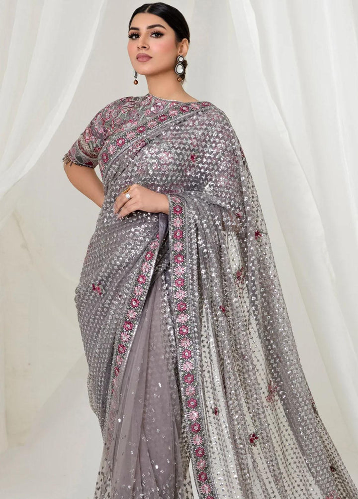 Jazmin Embroidered Net  Unstitched Saree JZ23OE Silver Bush - Formal Collection