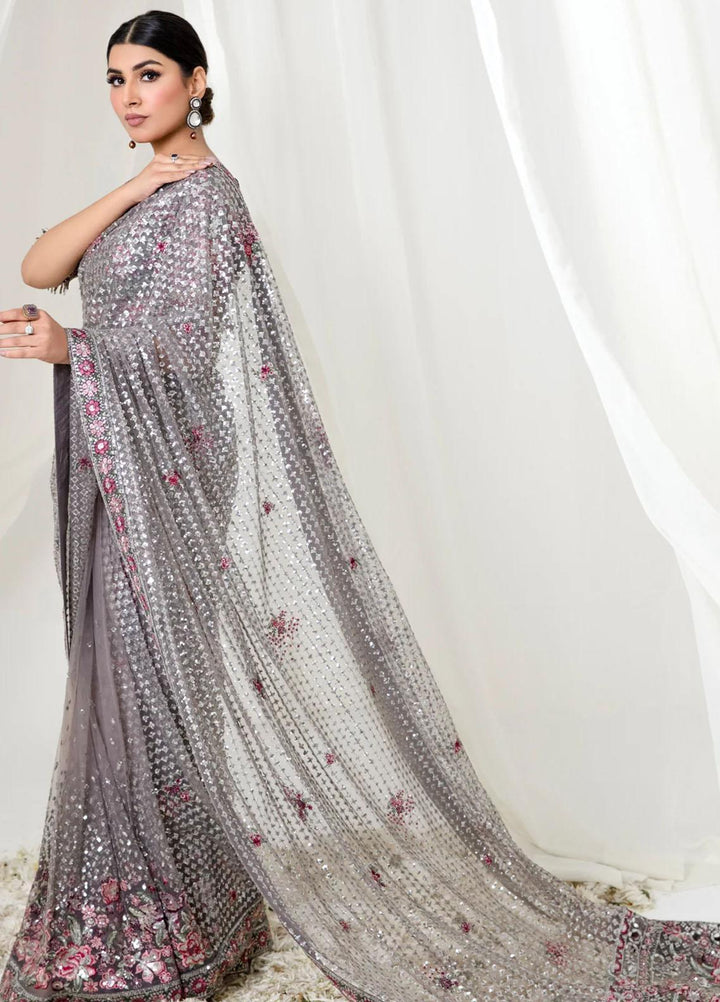 Jazmin Embroidered Net  Unstitched Saree JZ23OE Silver Bush - Formal Collection