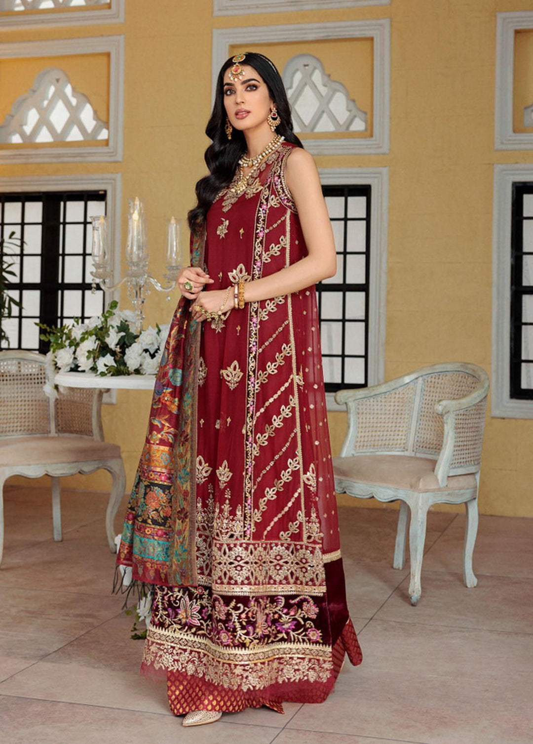 Noor Kaani by Saadia Asad Embroidered Chiffon Suits Unstitched 3 Piece SA22K D1 - Luxury Collection