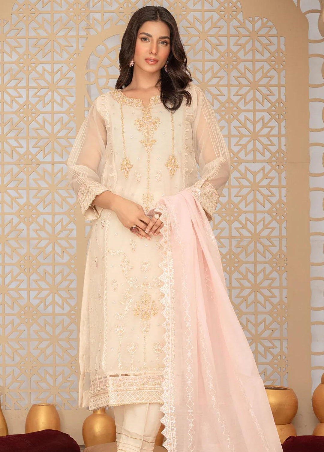 Shamooz Pret Embroidered Organza 3 Piece Suit SHM23K SEM-0508 Rosa White
