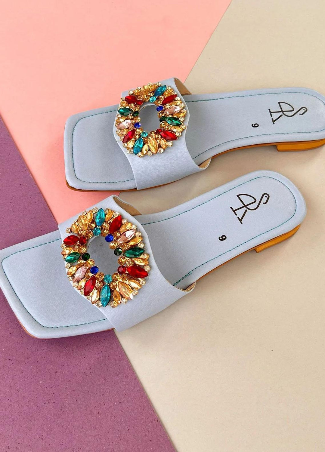 Khussa Darbar Casual Style Slippers Rhinestones (Blue)