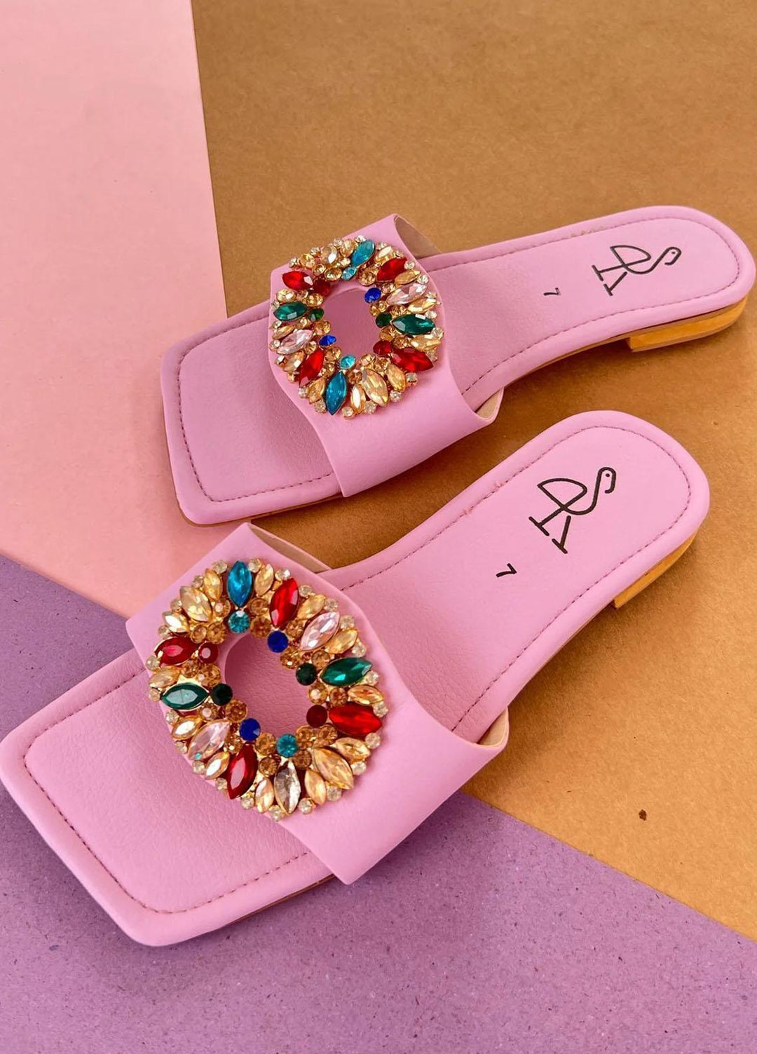 Khussa Darbar Casual Style Slippers Rhinestones (Pink)