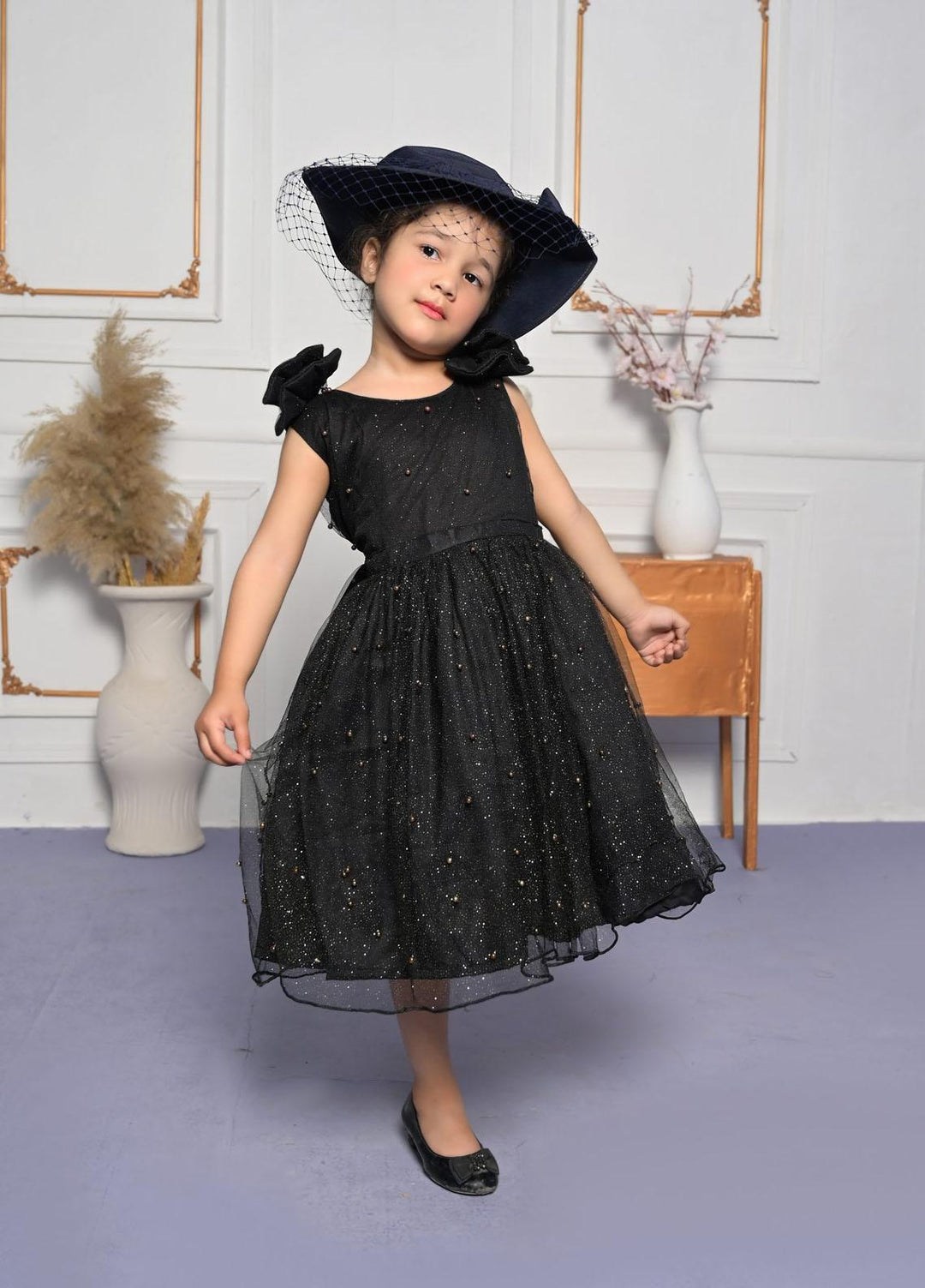 Konain Couture Net Pret Frock for Girls - Black Net