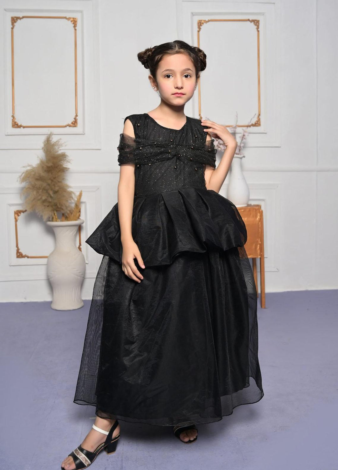 Konain Couture Net Pret Frock for Girls - Black Frock