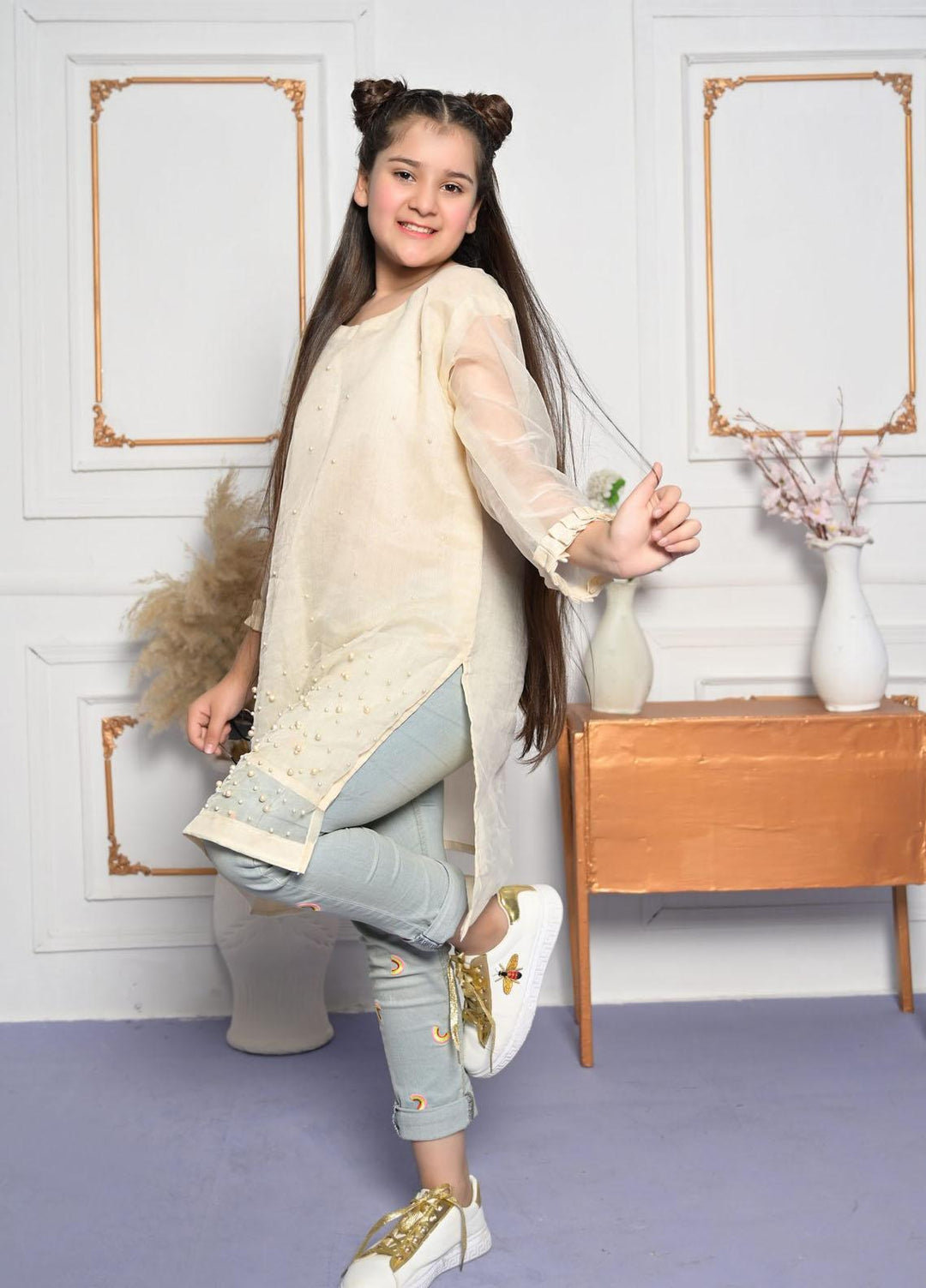 Konain Couture Tissue Pret Shirt for Girls - Kurtee with Pearls