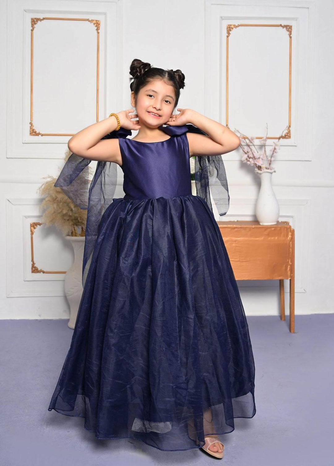 Konain Couture Net Pret Frock for Girls - Navy Blue