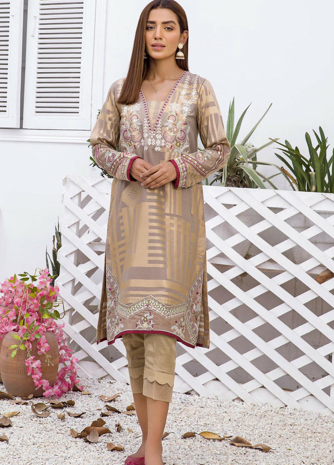 Kross Kulture Luxury Pret Embroidered Jacquard Shirt KE-21155 Fawn