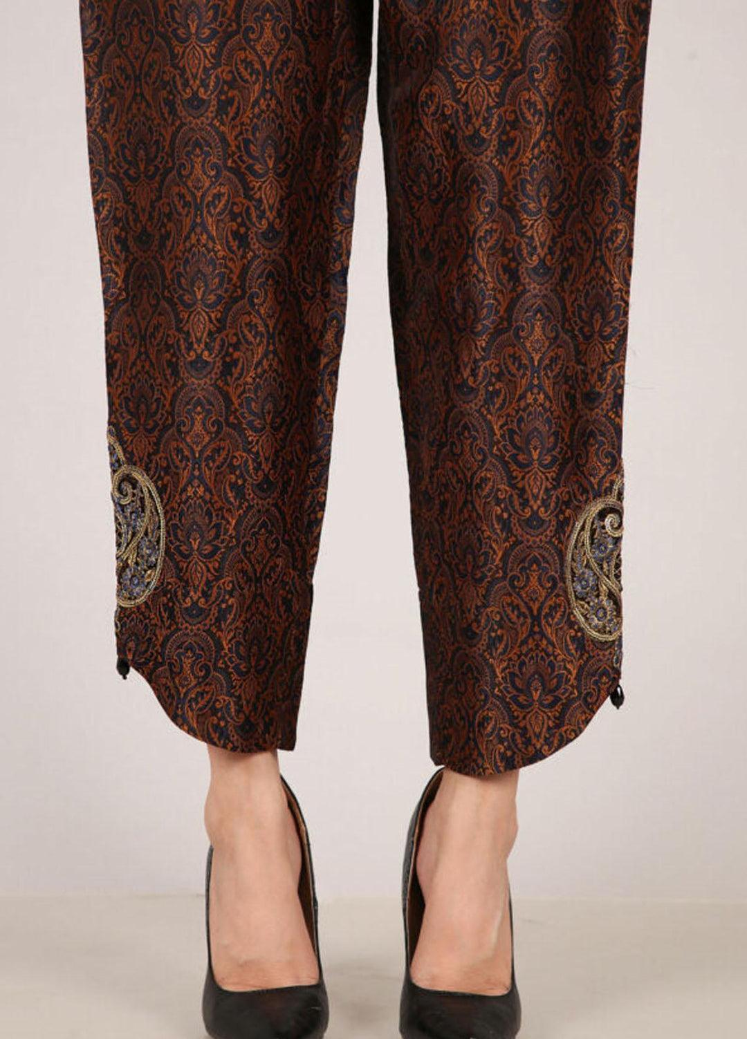Kross Kulture Embroidered Jamawar Pret Trousers KTR-21825 B Dark Brown