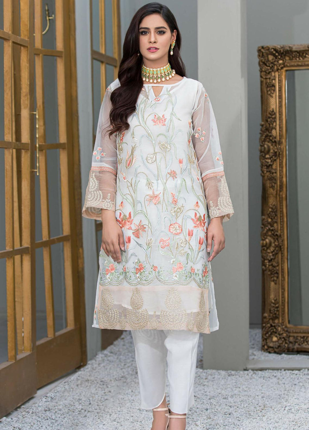 Kross Kulture Embroidered Organza Stitched Kurti KX-20776 White