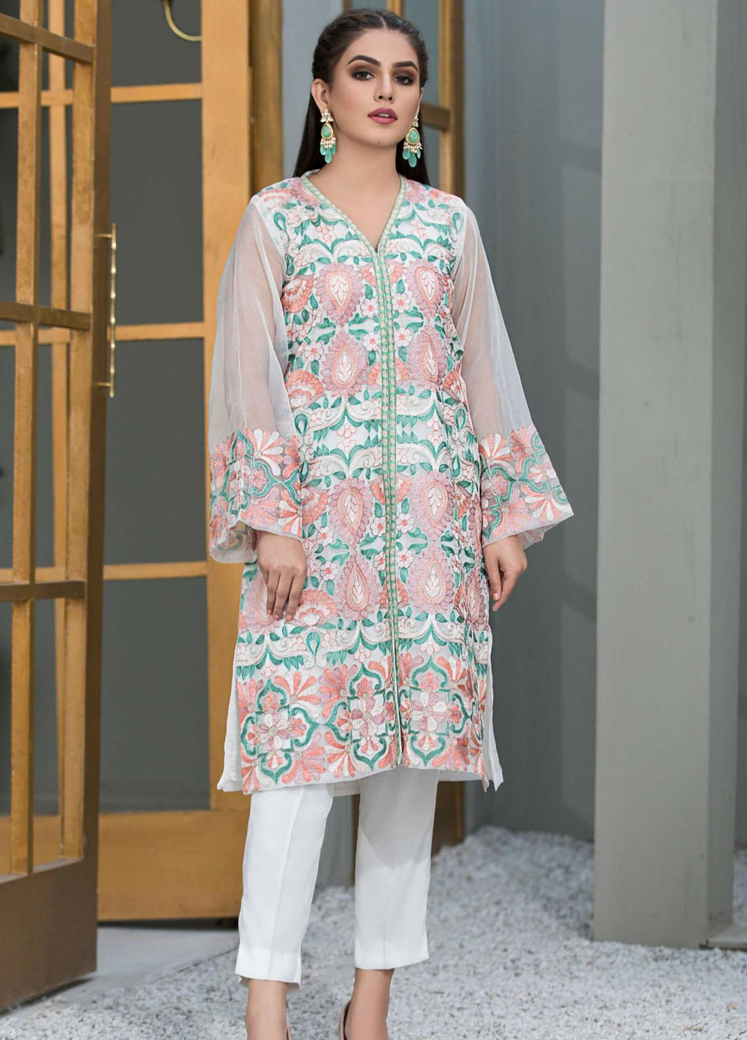 Kross Kulture Embroidered Organza Stitched Kurti White KX-21033