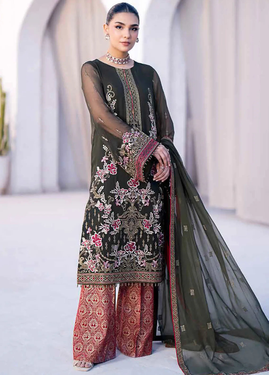 Kuch Khas By Flossie Embroidered Chiffon Suits Unstitched 3 Piece K-604 Sage - Luxury Collection main image 1