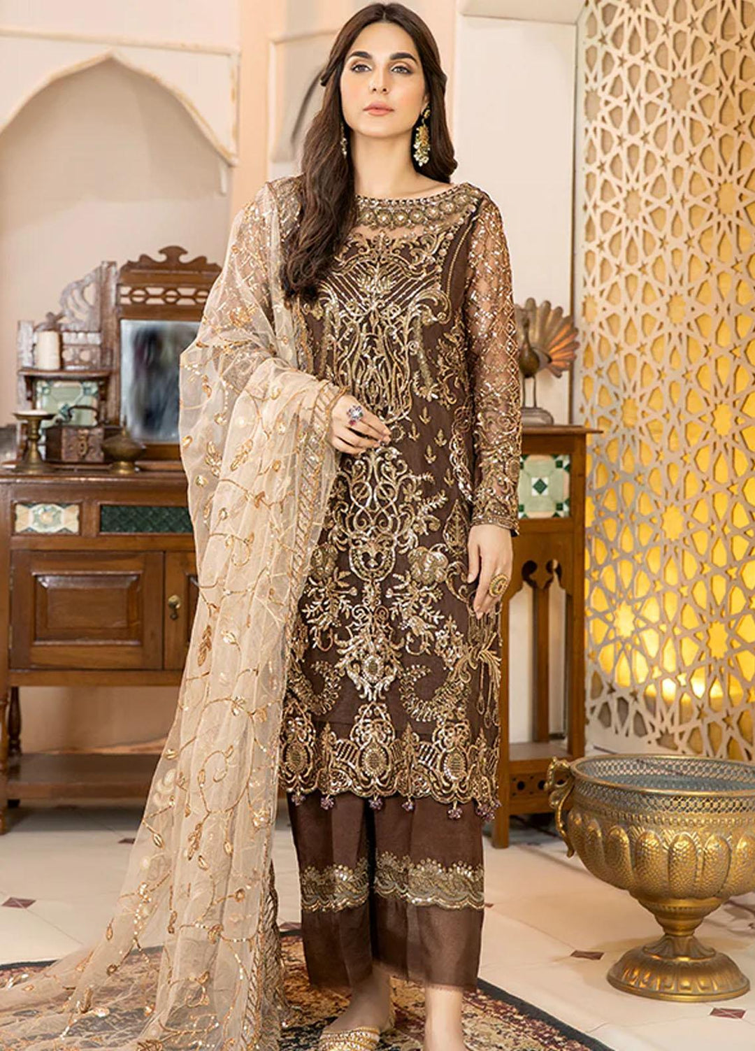 La Bella By Imrozia Premium Embroidered Net Suits Unstitched 3 Piece L-240 MARTINI - Luxury Collection