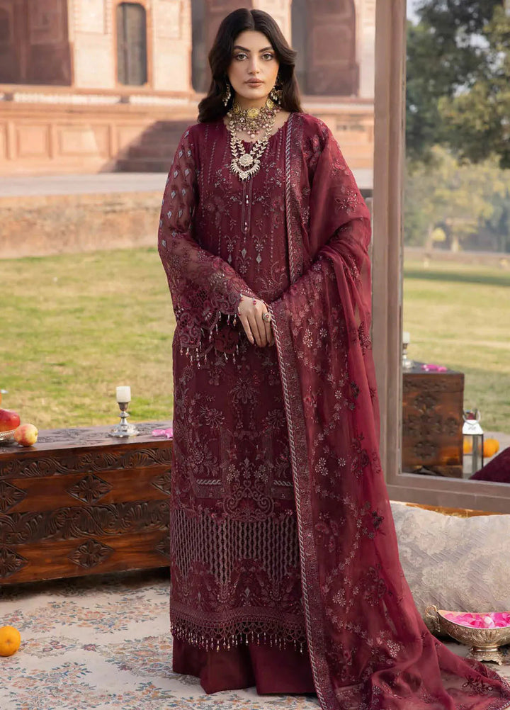 Lavish Premium Embroidered Chiffon Suits Unstitched 3 Piece LVP25UL D-04 Burgundy - Formal Collection