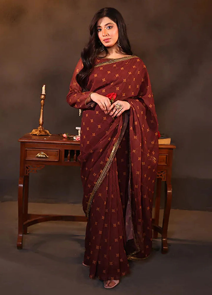 Luxe Layers by Nazmina Pret Embroidered Chiffon Saree Maroon Radiance LL-06