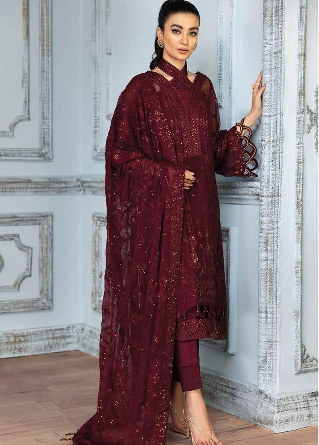Mah-e-Ru By Alizeh Fashion Embroidered Chiffon Suits Unstitched 3 Piece AFB21MR 08 Lavana - Luxury Collection