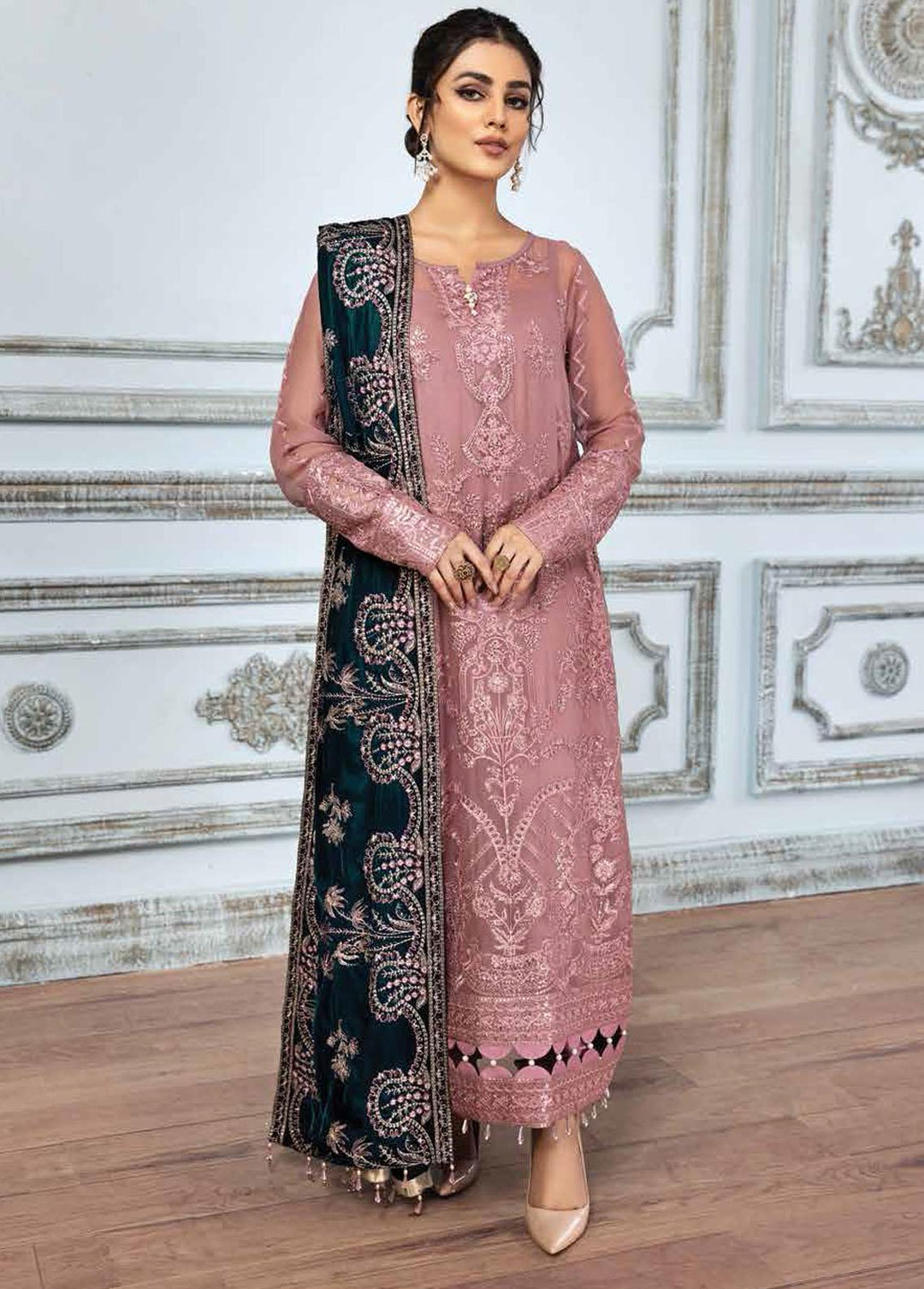 Mah-e-Ru By Alizeh Fashion Embroidered Chiffon Suits Unstitched 3 Piece AFB21MR 10 Mahogany - Luxury Collection