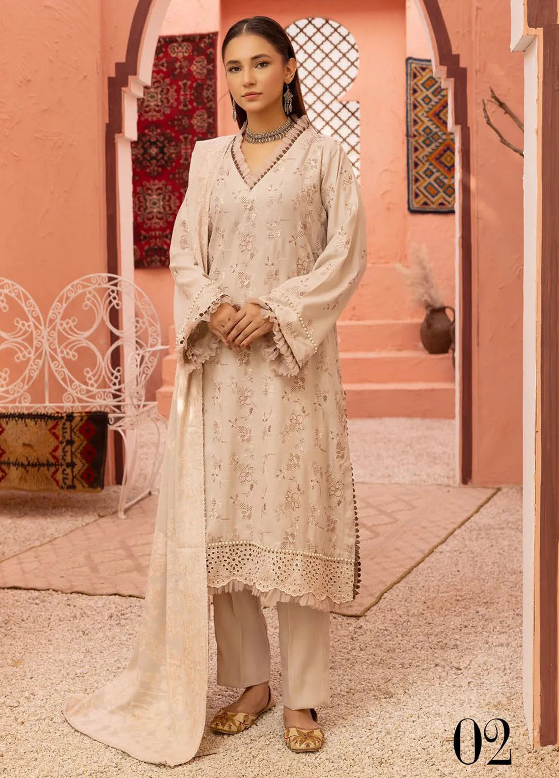 peach leather dress Dukhtar By KZ Peach Leather'24 Vol-02 D-03 Mohsin Saeed Fabrics