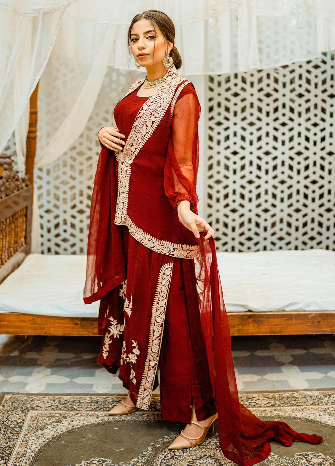 Manaal Arfeen Luxury Pret Chiffon 3 Piece Suit MNL23LP Red Wine