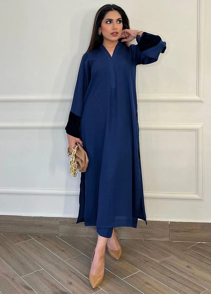 Manahils Pret Casual Georgette 2 Piece Suit Blue Long Velvet Tunic