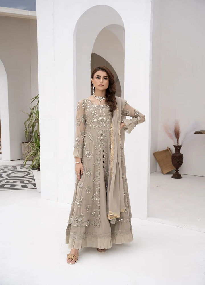 Manahils Pret Embroidered Chiffon 3 Piece Suit B 006 Camel Brown