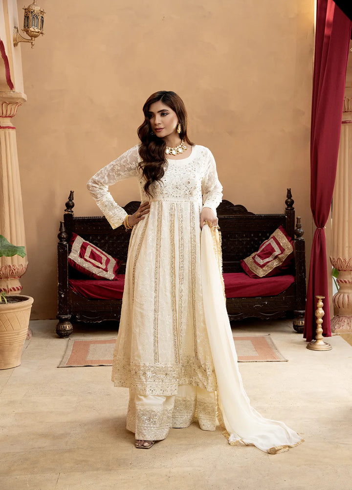 Manahils Pret Embroidered Chiffon 3 Piece Suit B-007-Off White