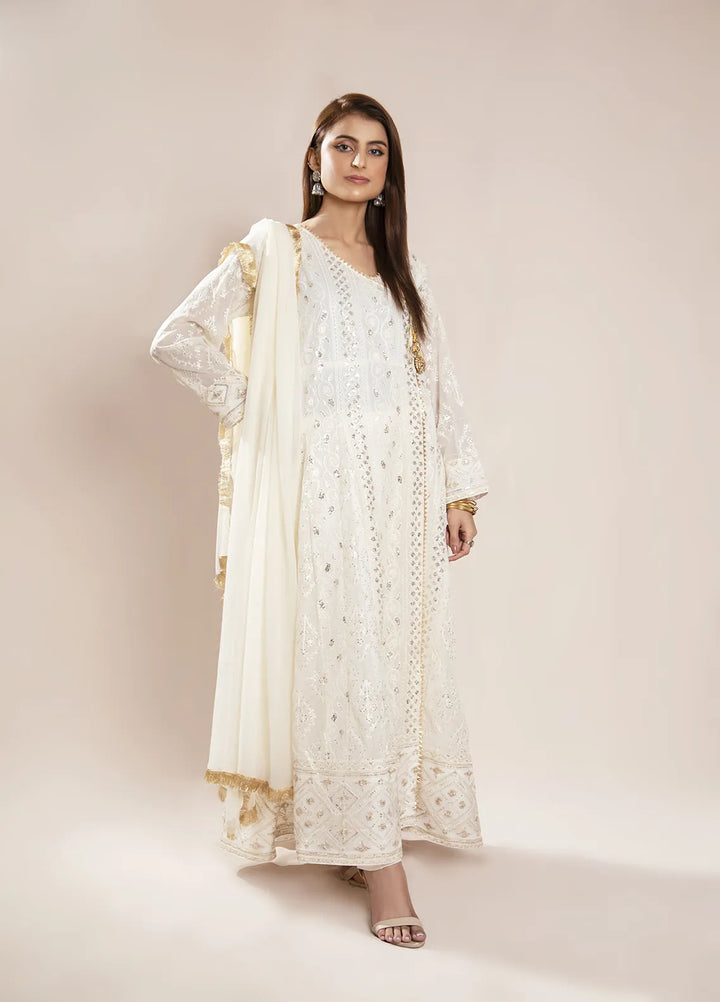 Manahils Pret Embroidered Chiffon 3 Piece Suit KURTI 099 Off-White