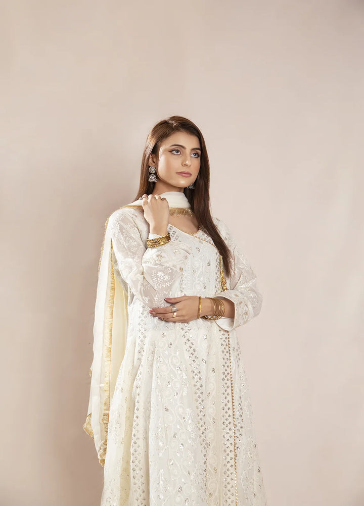 Manahils Pret Embroidered Chiffon 3 Piece Suit KURTI 099 Off-White