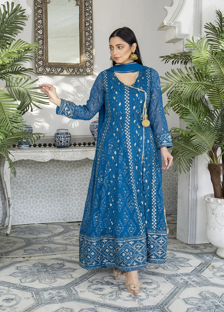 Manahils Pret Embroidered Chiffon 3 Piece Suit Kurti-099-Zinc Blue
