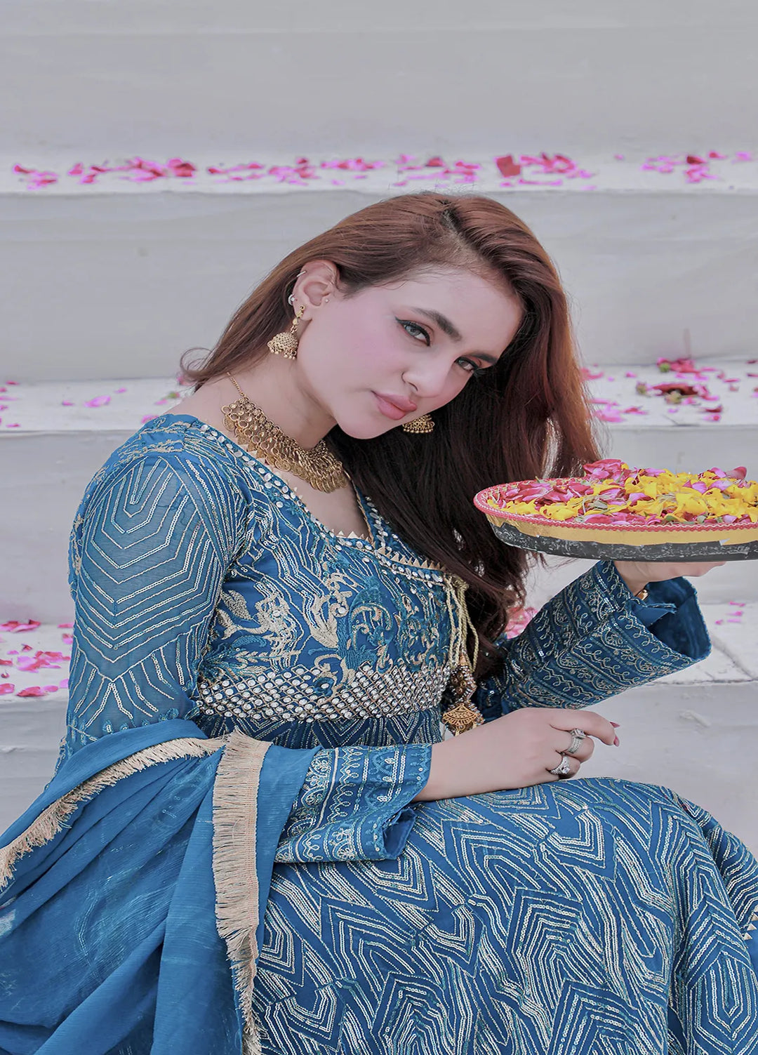 Manahils Pret Embroidered Chiffon 3 Piece Suit Kurti-105-Aquamarine-Zinc-Blue