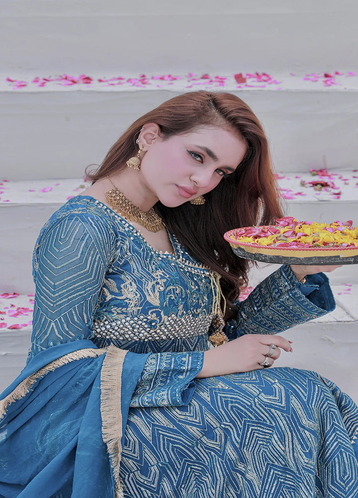 Manahils Pret Embroidered Chiffon 3 Piece Suit Kurti-105-Aquamarine-Zinc-Blue