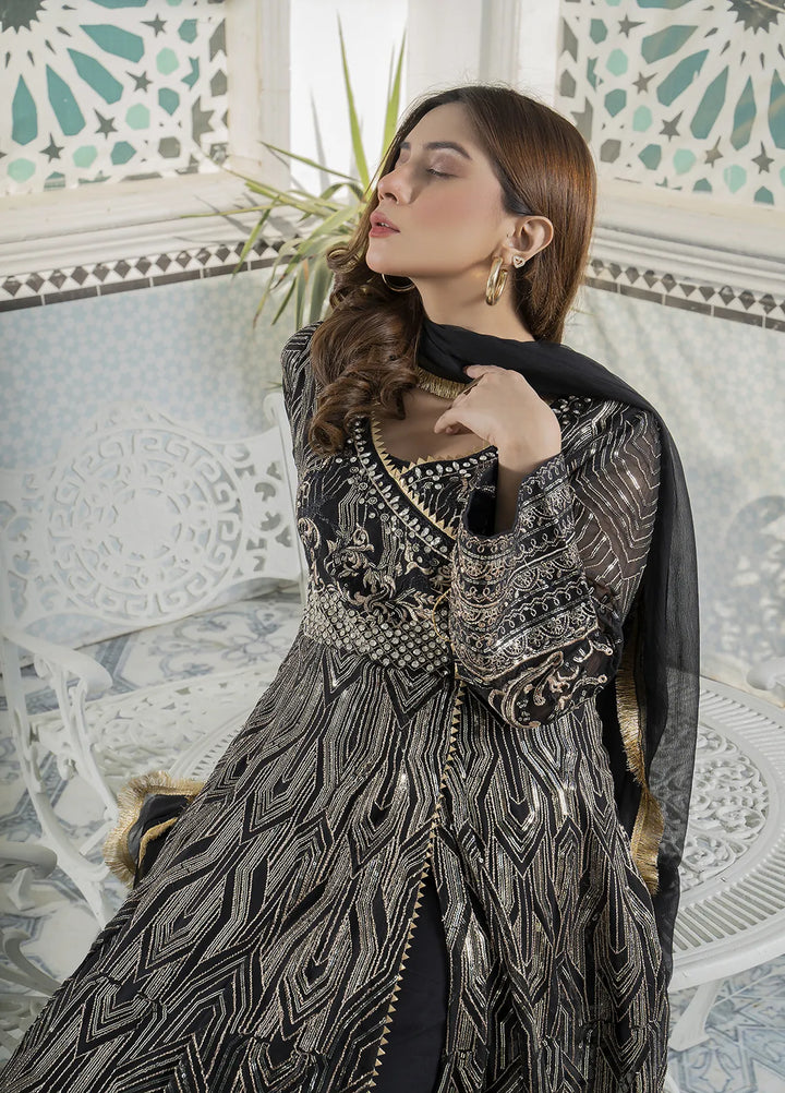 Manahils Pret Embroidered Chiffon 3 Piece Suit Kurti-105-Black