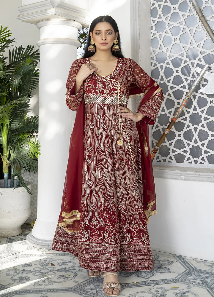 Manahils Pret Embroidered Chiffon 3 Piece Suit Kurti-105-Maroon