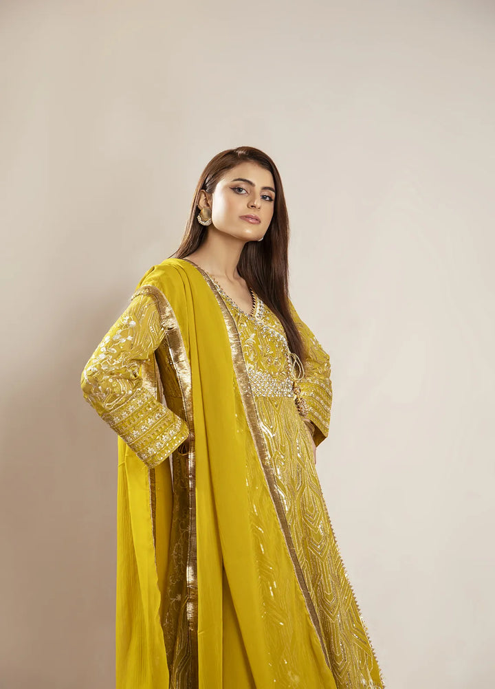 Manahils Pret Embroidered Chiffon 3 Piece Suit KURTI 105 Mustard
