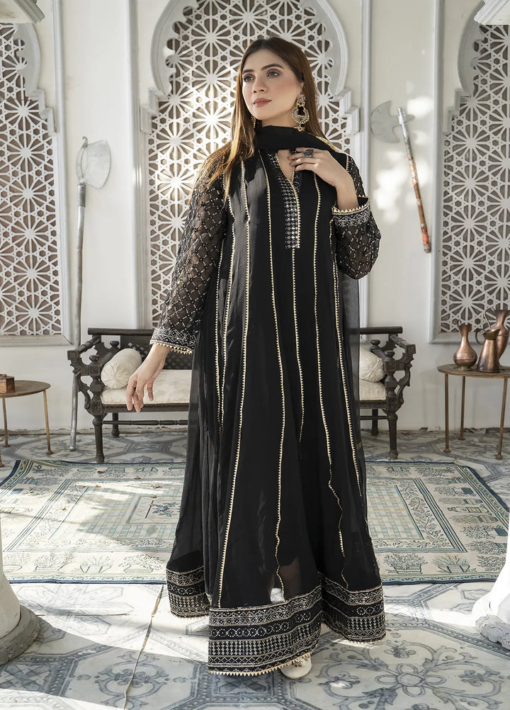 Manahils Pret Embroidered Chiffon 3 Piece Suit Kurti-106-Black