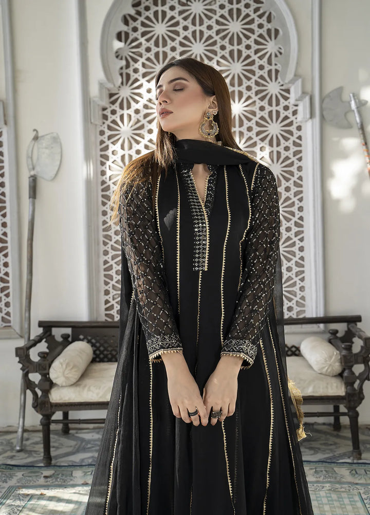 Manahils Pret Embroidered Chiffon 3 Piece Suit Kurti-106-Black