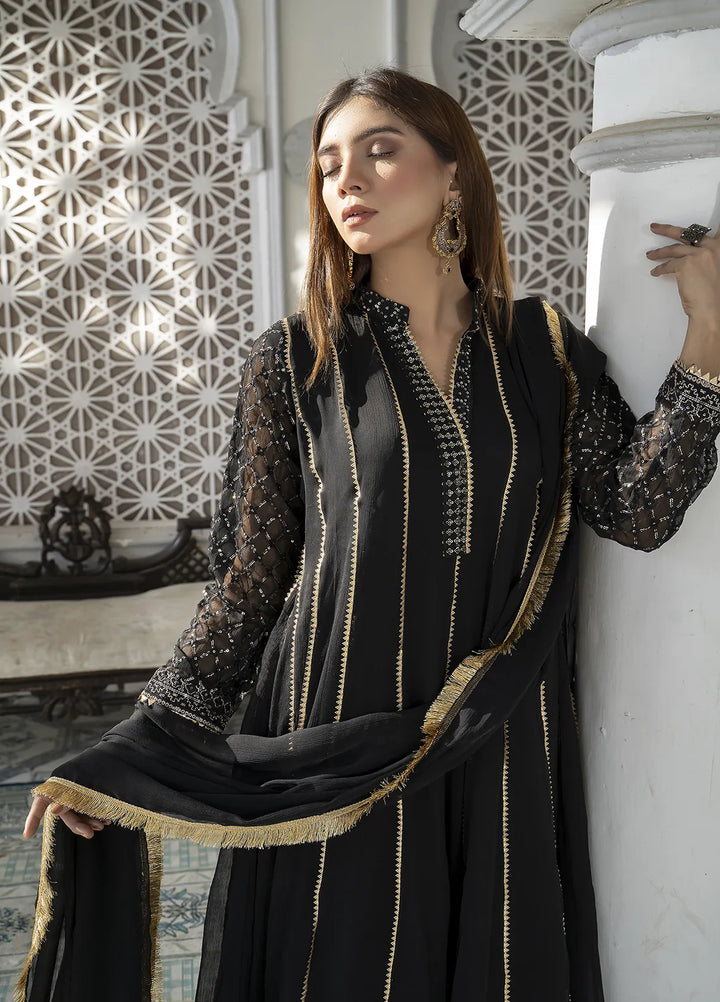 Manahils Pret Embroidered Chiffon 3 Piece Suit Kurti-106-Black