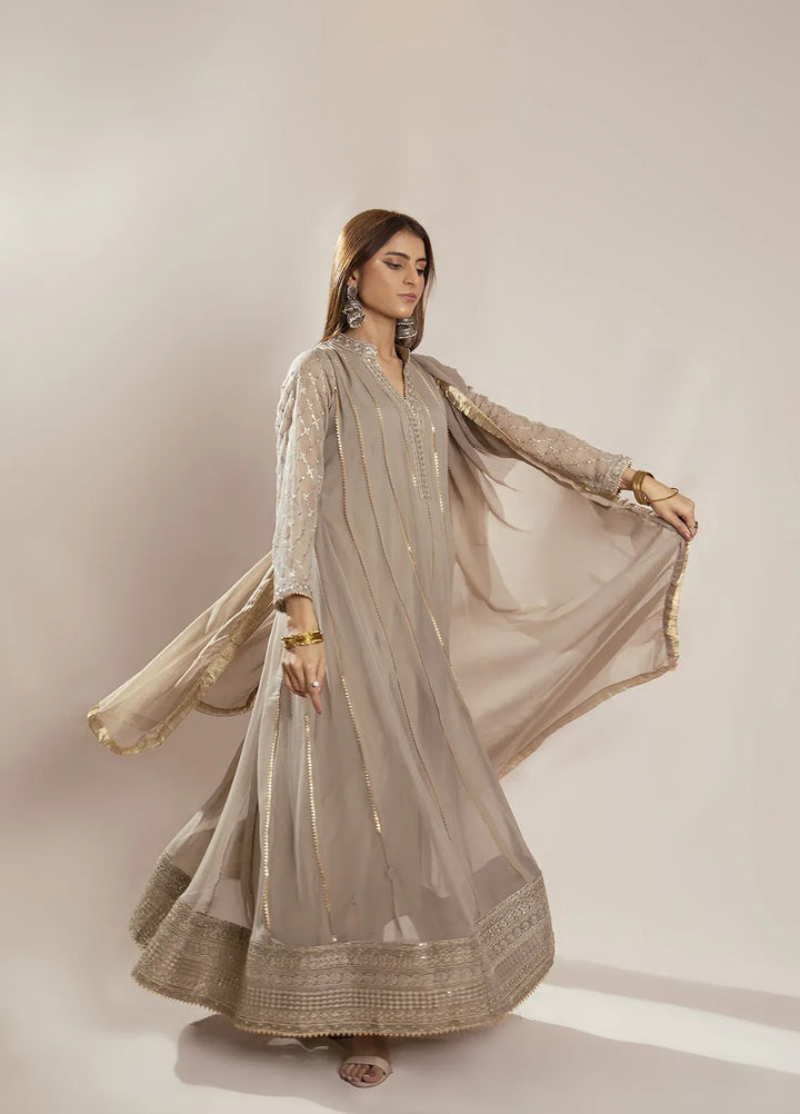 Manahils Pret Embroidered Chiffon 3 Piece Suit KURTI 106 Dusty Light Brown