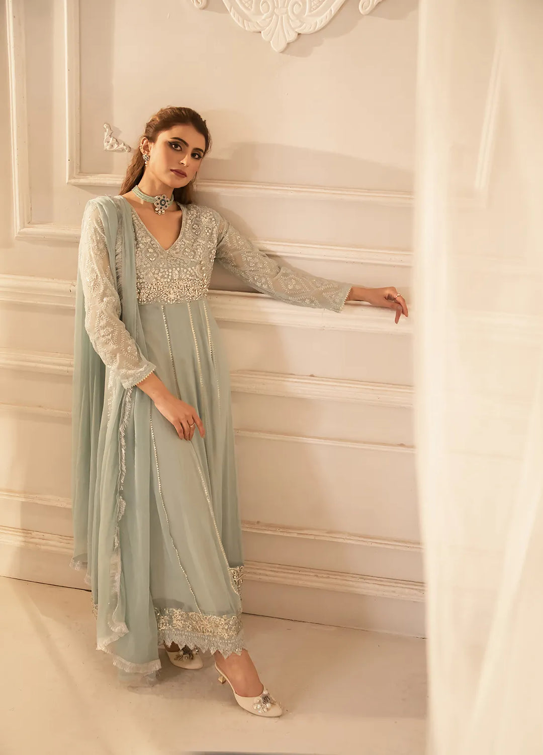 Manahils Pret Embroidered Chiffon 3 Piece Suit KURTI 108 Green