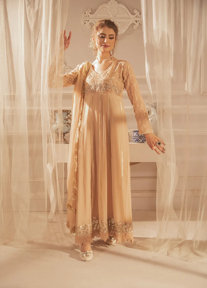 Manahils Pret Embroidered Chiffon 3 Piece Suit KURTI 108 Peach